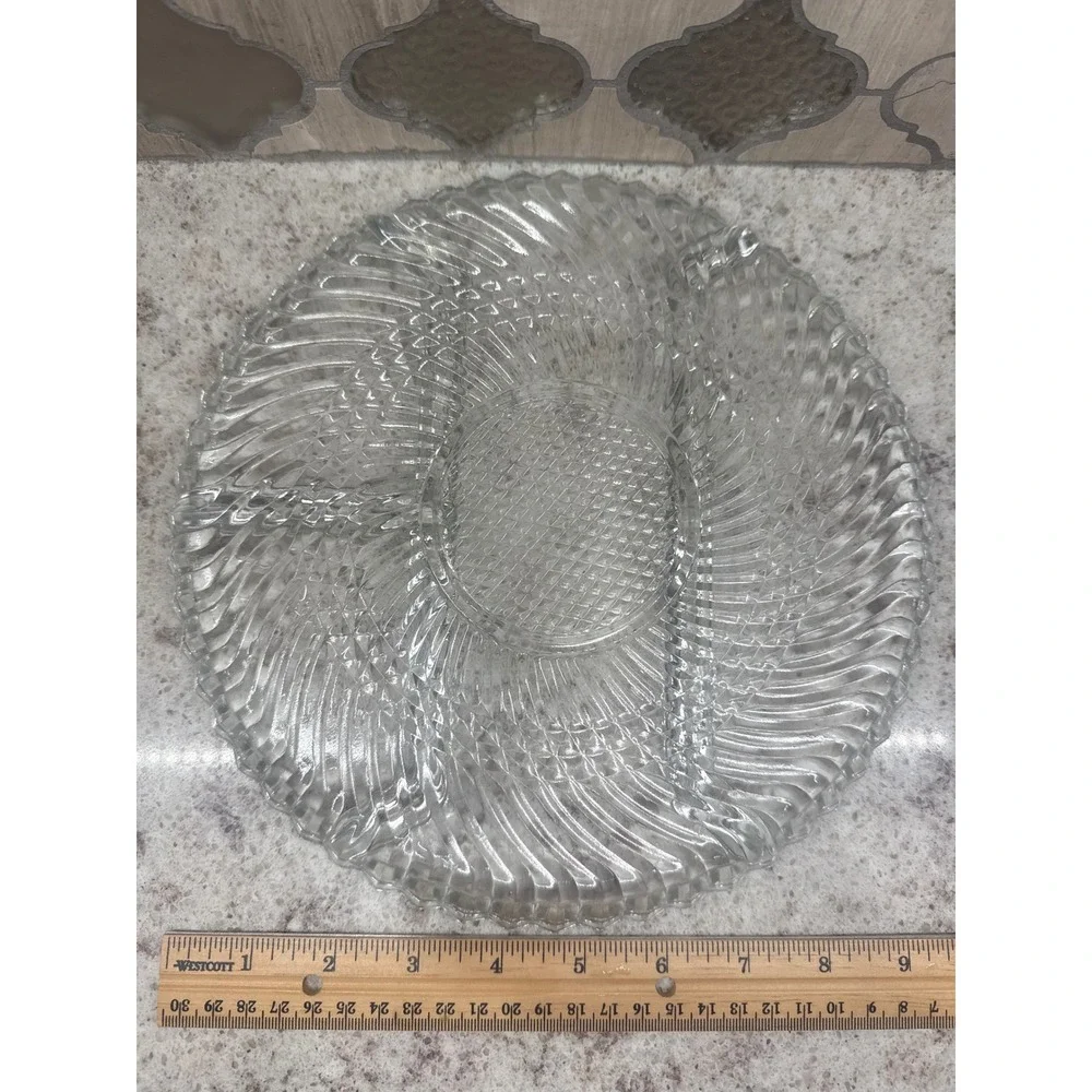 Vintage Clear Pressed Glass Divided Serving Platter Relish Tray Sunburst Swirl 9